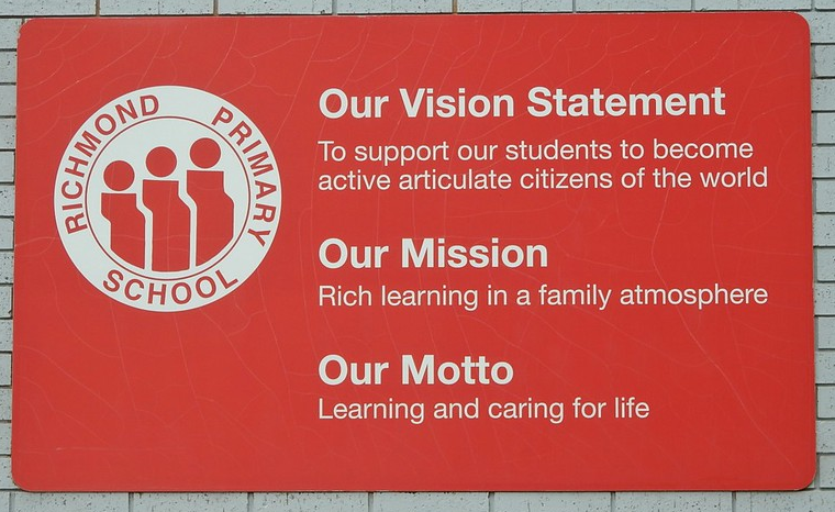 Sign outside of a school showing their vision and mission statements.