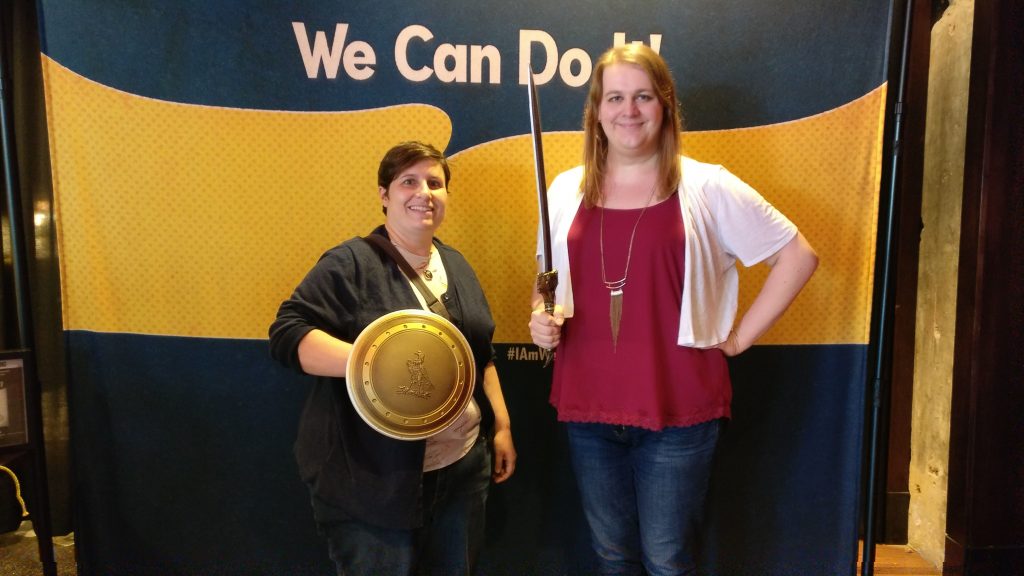 My friend Abbey and I at the women-only Wonder Woman screening at the Alamo Drafthouse in Kansas City. They had this backdrop with props, so we posed.