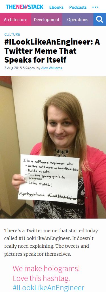 Screenshot of The New Stack's article on #ILookLikeAnEngineer featuring Sarah's tweet picture at the top